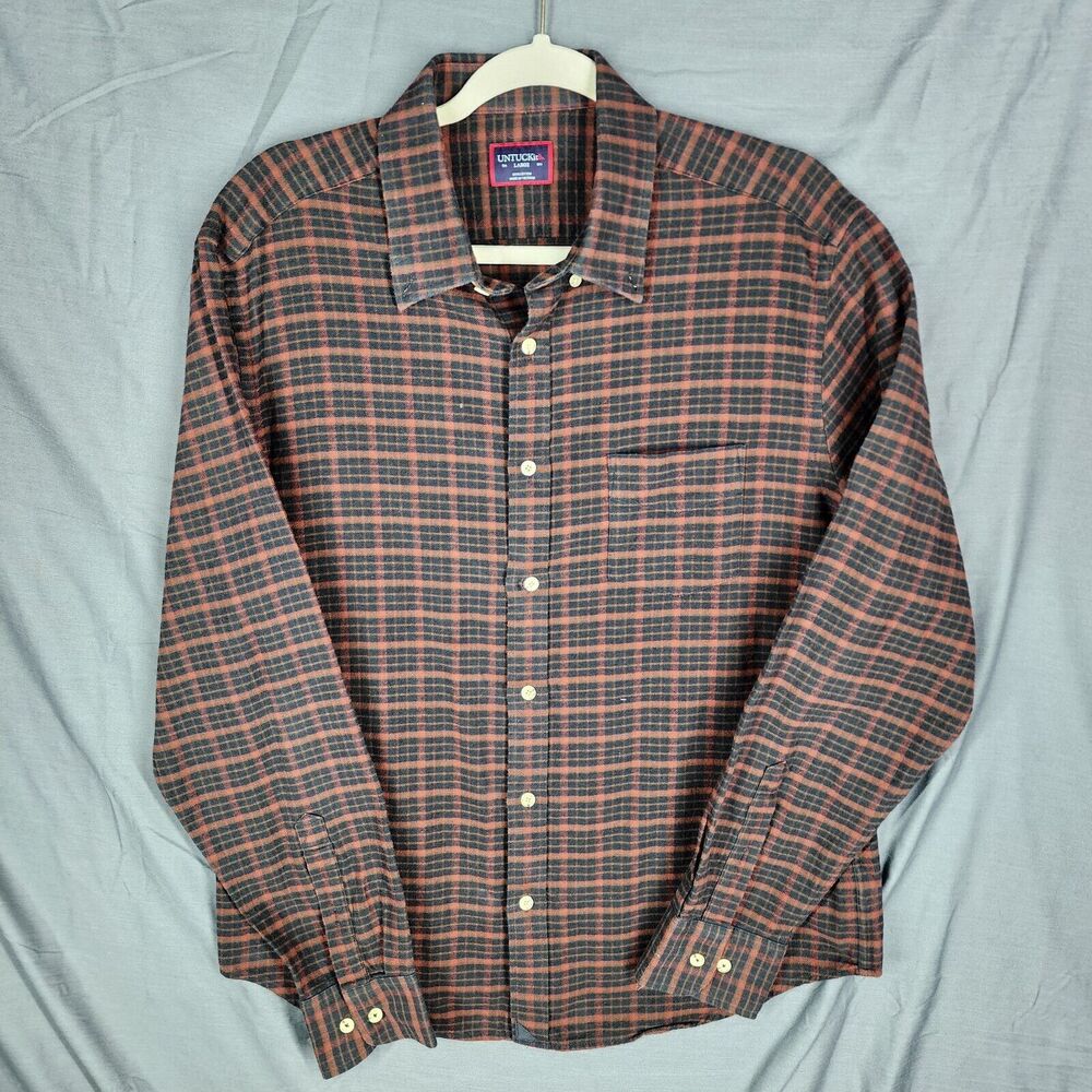 UNTUCKit Shirt Large Brown Red Plaid Flannel Button Up Modern Casual Long Sleeve